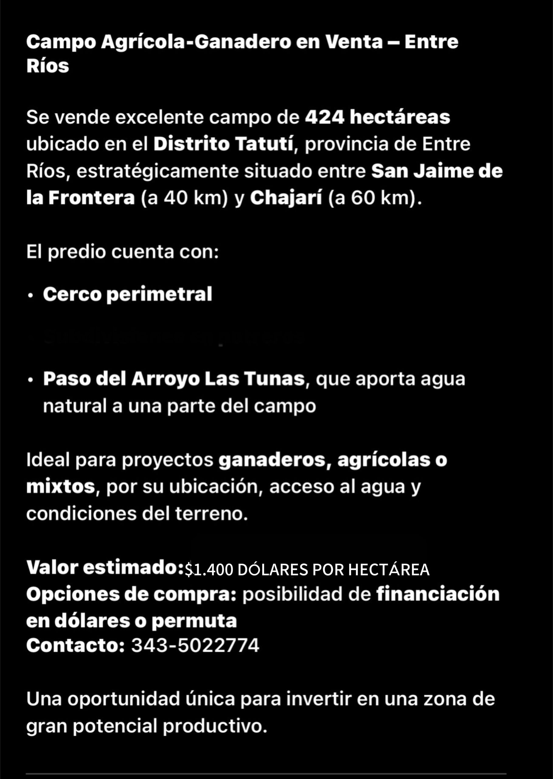 CAMPO EN VENTA GANADERO 🐄 – Ubicado entre san Jaime y Chajari E.R- 424 hectáreas